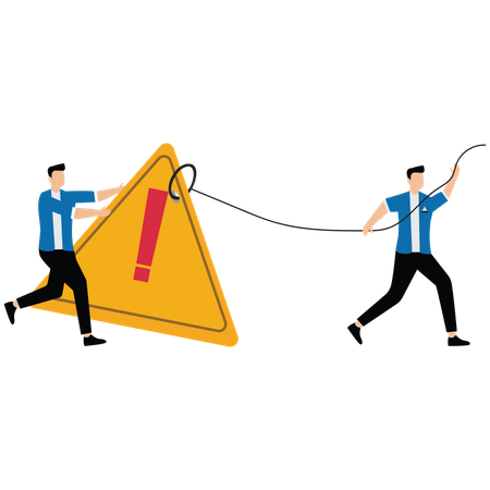 Businessman pushing exclamation triangle attention sign  Illustration