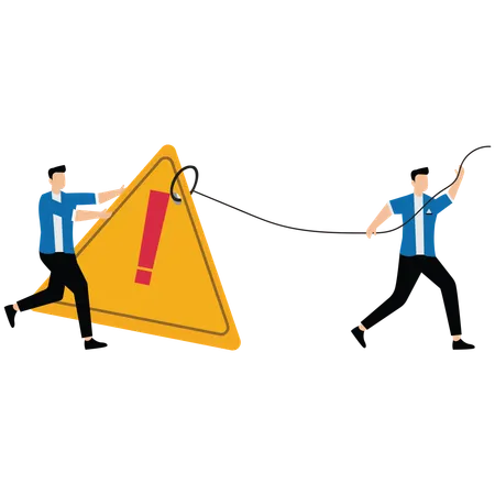 Businessman pushing exclamation triangle attention sign  Illustration