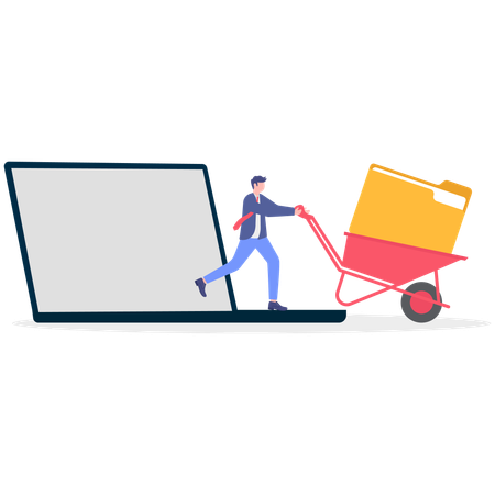 Businessman pushing folder cart from laptop  Illustration