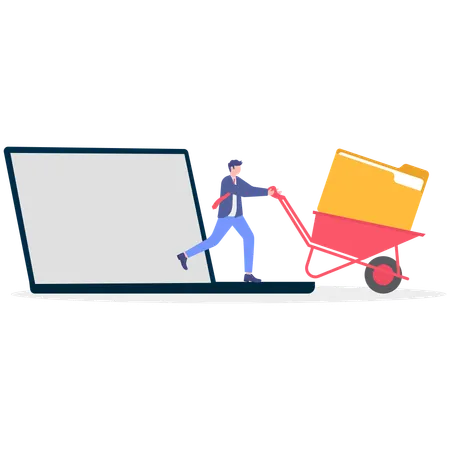 Businessman pushing folder cart from laptop  Illustration