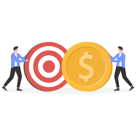 Businessman pushing gold coins and businessman pushing target  Illustration