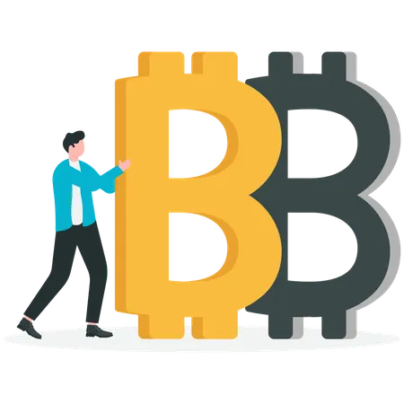 Businessman pushing huge bitcoin sign to fill pit  Illustration