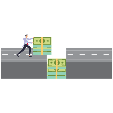 Businessman pushing pile of bills between two roads  Illustration