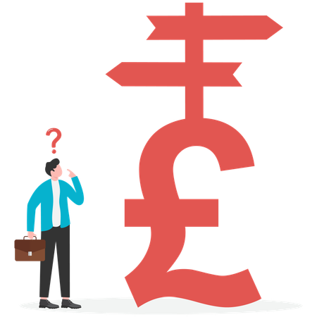 Businessman pushing pound coin along upward growing arrow  Illustration