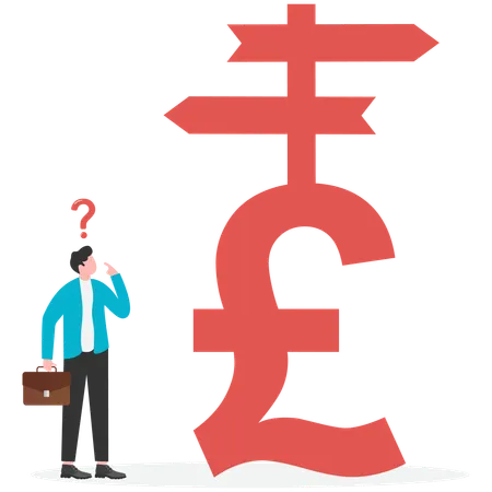 Businessman pushing pound coin along upward growing arrow  Illustration