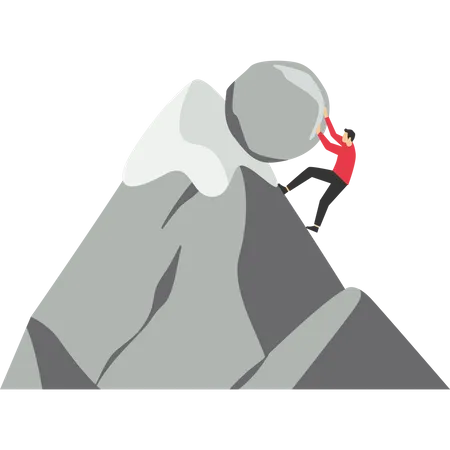 Businessman pushing rock uphill all the way to the top of the mountain  Illustration