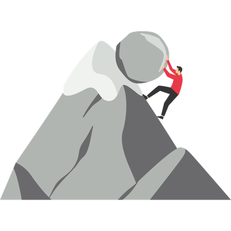 Businessman pushing rock uphill all the way to the top of the mountain  Illustration