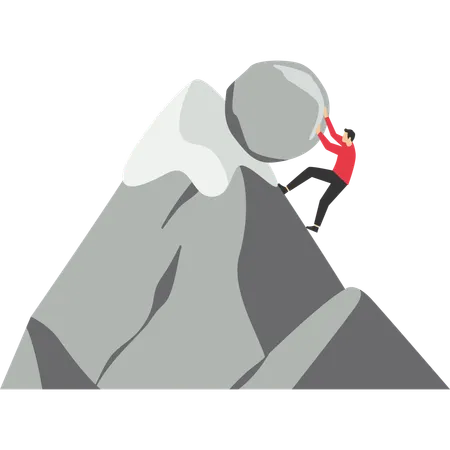 Businessman pushing rock uphill all the way to the top of the mountain  Illustration