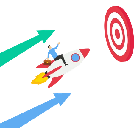 Businessman pushing rocket on growth bar chart  Illustration