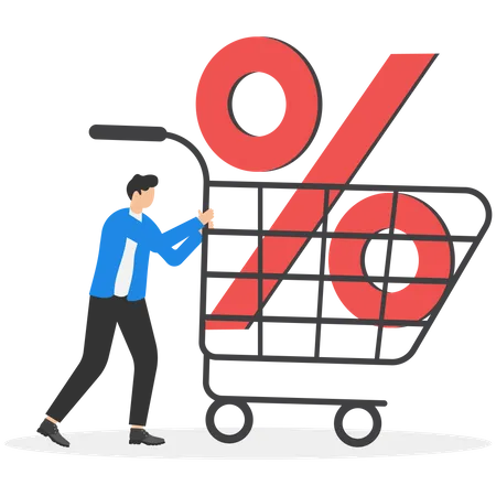 Businessman Pushing Shopping Cart Trolleys With Big Percentage Signs Shopping Discount Percentage Mortgage Loan Interest Rate Modern Vector Illustration In Flat Style Illustration
