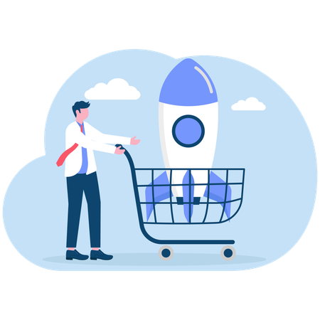 Businessman pushing shopping cart containing startup business rocket  Illustration