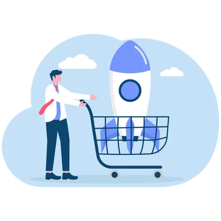 Businessman pushing shopping cart containing startup business rocket  Illustration