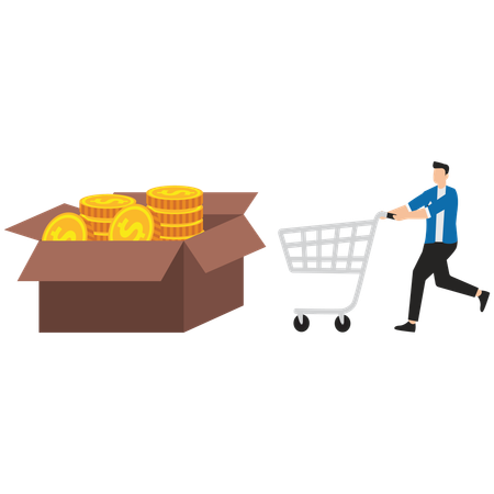 Businessman pushing shopping cart next to savings jar filled with gold coins in his stomach  Illustration