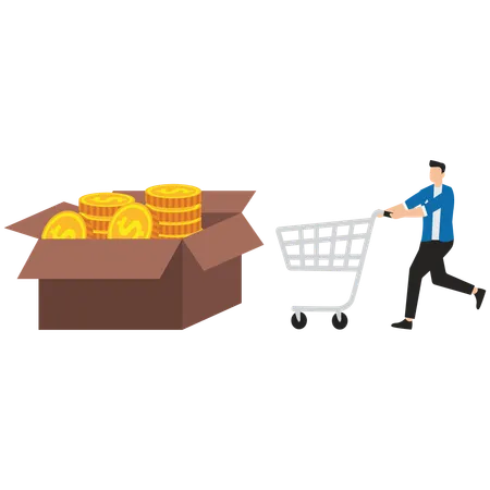 Businessman pushing shopping cart next to savings jar filled with gold coins in his stomach  Illustration