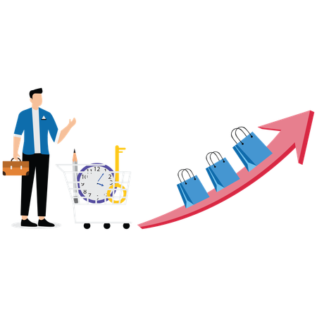 Businessman pushing shopping cart standing next to shopping bag on growth arrow  Illustration