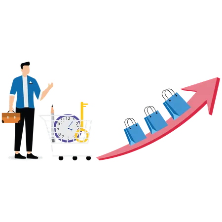 Businessman pushing shopping cart standing next to shopping bag on growth arrow  Illustration