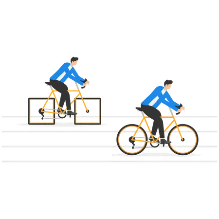 Businessman pushing sphere leading race against another man pushing cube stock  Illustration