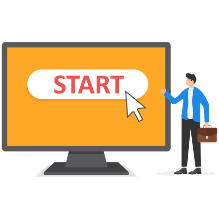 Businessman pushing start button with cursor  Illustration