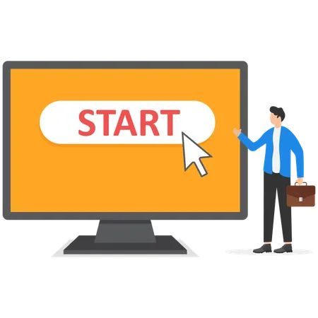 Businessman pushing start button with cursor  Illustration