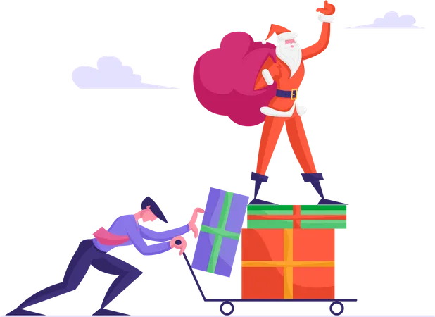 Businessman Pushing Trolley with Santa Claus Standing on Heap of Gift Boxes Illustration