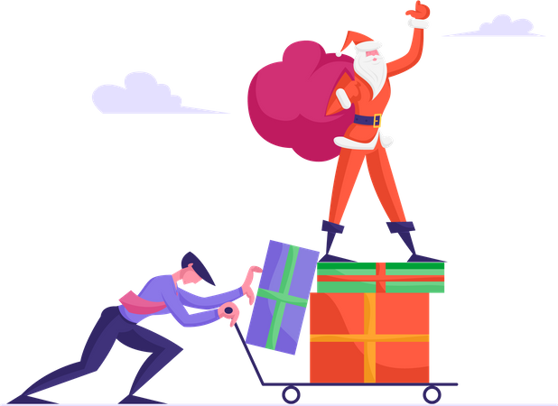 Businessman Pushing Trolley with Santa Claus Standing on Heap of Gift Boxes  Illustration