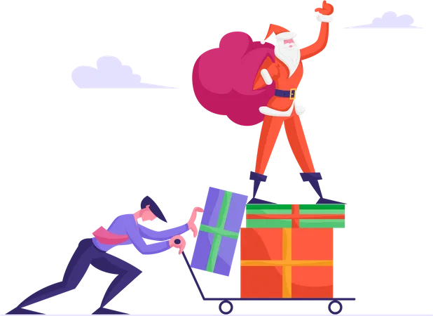 Businessman Pushing Trolley with Santa Claus Standing on Heap of Gift Boxes  Illustration