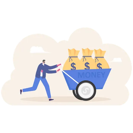 Businessman Pushing Wheelbarrow Full Of Money Bag Illustration Vector Cartoon Illustration