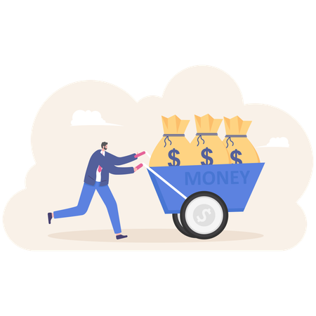 Businessman pushing wheelbarrow full of money bag  Illustration