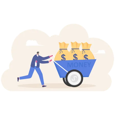 Businessman pushing wheelbarrow full of money bag  Illustration