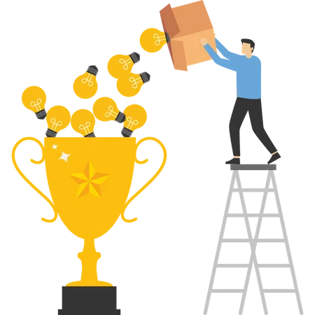 Businessman Put A Lot Of Ideas Into Trophies Achievements At Work Customer Rating Meeting Brainstorm Vector Illustration Design Concept In Flat Style Illustration
