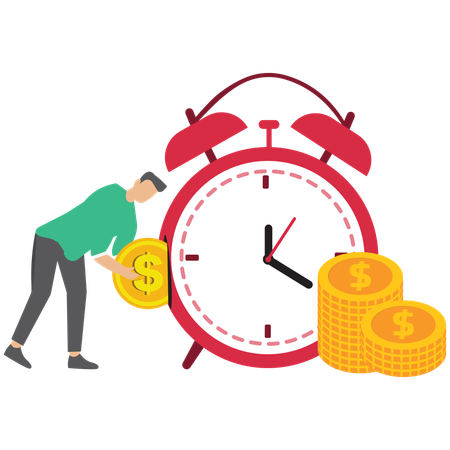 Businessman put coin into alarm clock symbolizing long term investment and saving growth  Illustration