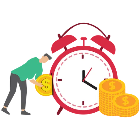 Businessman put coin into alarm clock symbolizing long term investment and saving growth  Illustration