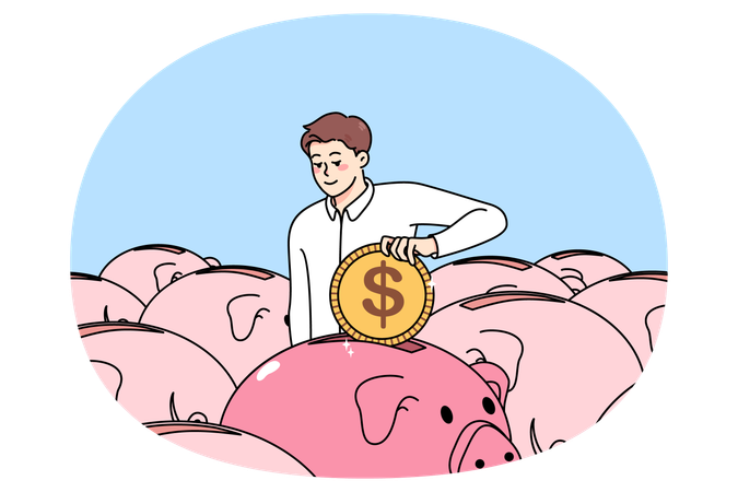 Businessman put coin into piggybank  Illustration
