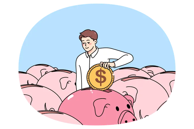 Businessman put coin into piggybank  Illustration