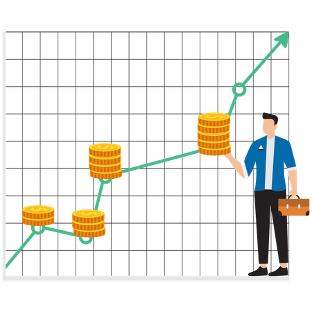 Businessman put down right amount of gold coins at chart marked points guided by giants  Illustration