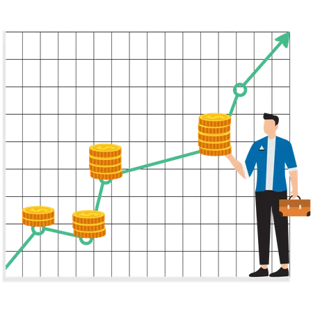 Businessman put down right amount of gold coins at chart marked points guided by giants  Illustration