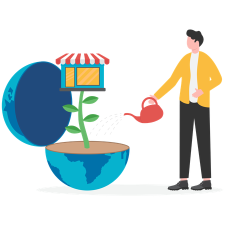 Businessman put gold coins into the earth  Illustration
