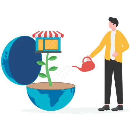 Businessman put gold coins into the earth  Illustration