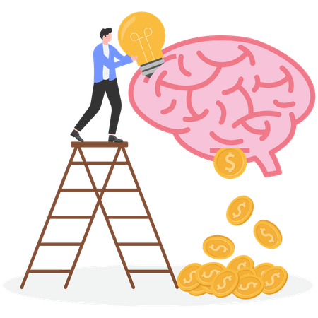 Businessman put idea into brain and come out money  Illustration
