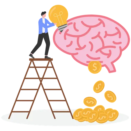 Businessman put idea into brain and come out money  Illustration