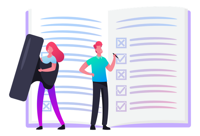 Businessman Put Marks Into Check Boxes Filling Checklists  Illustration