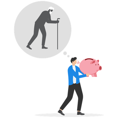 Businessman put money in piggy bank with thought bubble of an old man depicting savings for retirement  Illustration