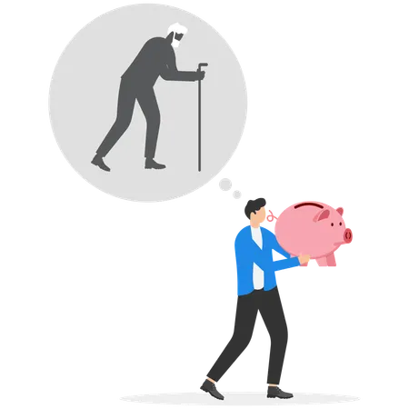 Businessman put money in piggy bank with thought bubble of an old man depicting savings for retirement  Illustration