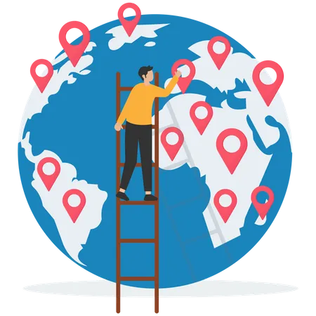 Businessman put new branch pin on world map across globe  Illustration