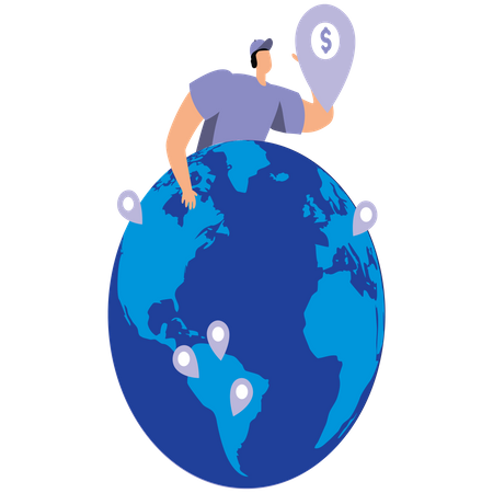 Businessman put new branch pin on world map across globe  Illustration