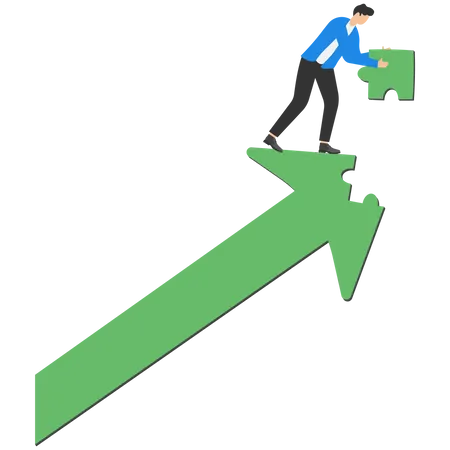 Businessmen Put The Last Piece Of The Jigsaw Puzzle To Complete The Rising Up Arrow Metaphor Of Growth Growth Strategy Solving Problem To Success In Work Solution Or Growing Business Illustration