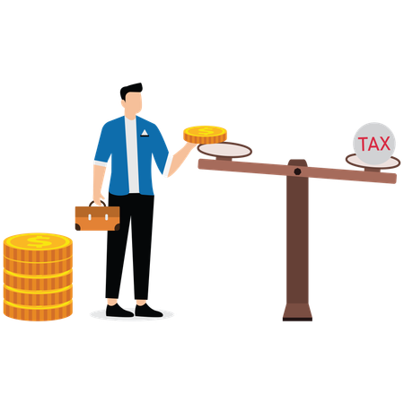 Businessman puts coins on scale that weighed down by tax papers  Illustration