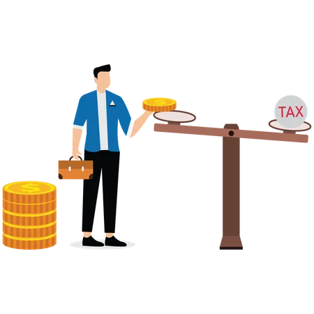 Businessman puts coins on scale that weighed down by tax papers  Illustration