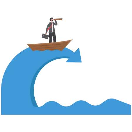 Vision And Business Risks A Businessman Puts On A Robe And Stands On A Boat Above The Sea Of Arrows Illustration