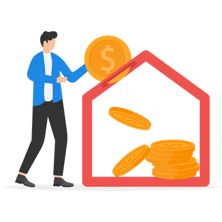 Businessman putting a coin house bank  Illustration